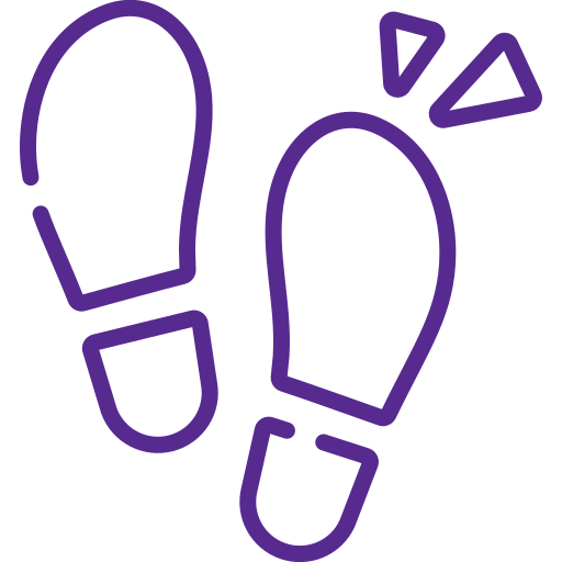 Purple icon of two footprints with two lines and two triangular shapes.