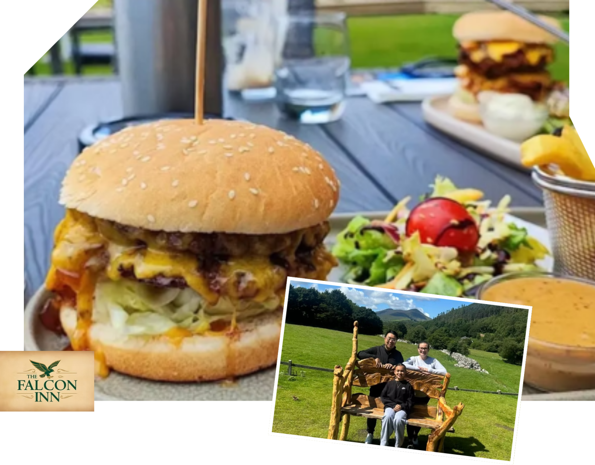 Cheeseburger with salad; inset of three people on a wooden bench outdoors.