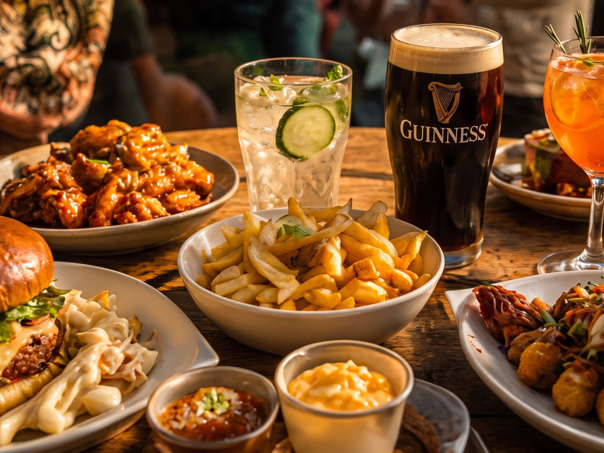 Assorted dishes with burgers, fries, wings, and drinks on a wooden table.