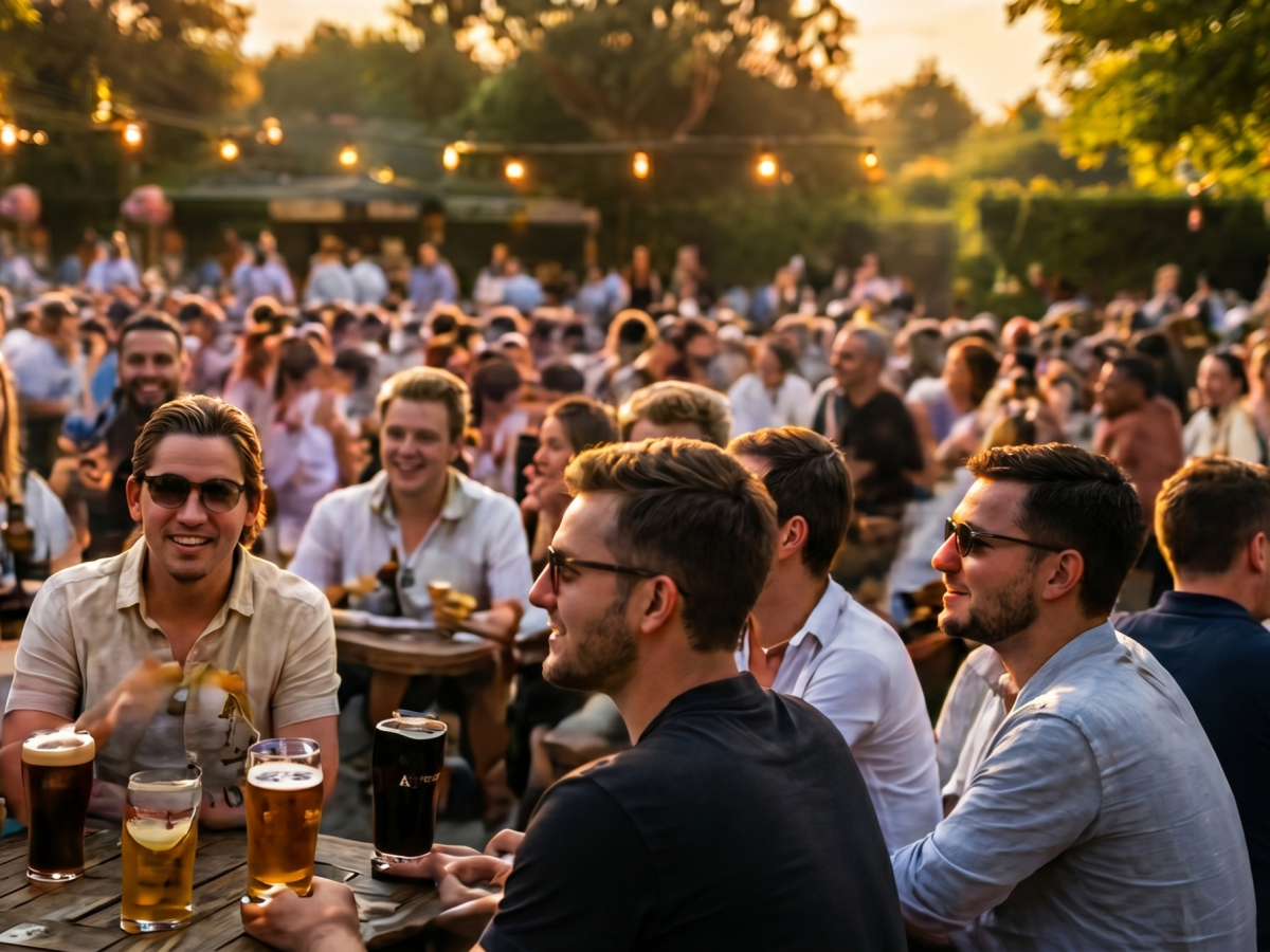Large crowd enjoying drinks at an outdoor beer garden during sunset.