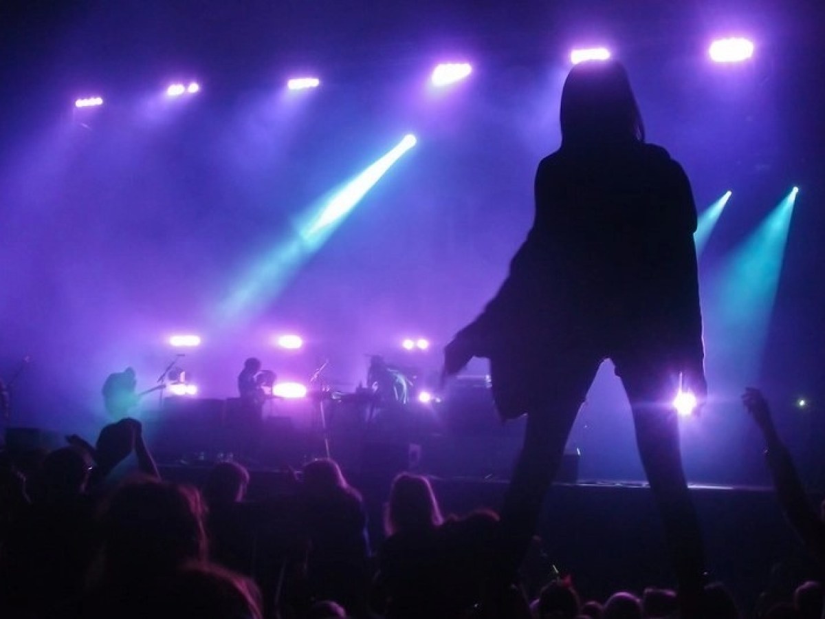 Silhouetted crowd at a concert with purple lights.