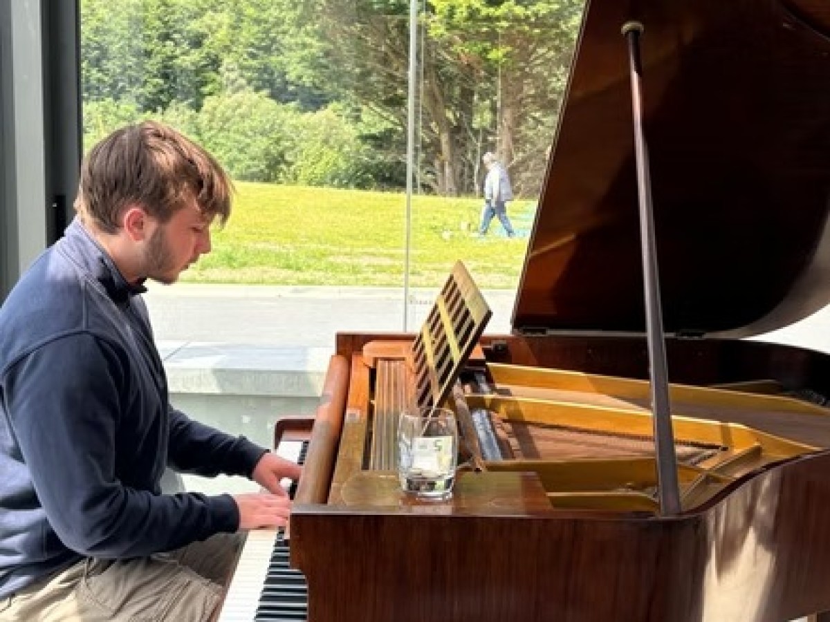 Man playing a grand piano in a room with large windows and a forest view.