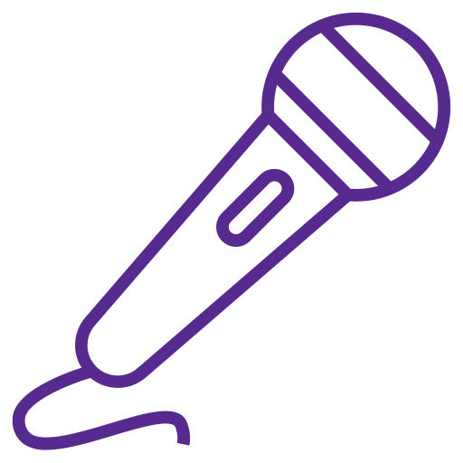 Purple outline of a microphone with a cord on a white background.