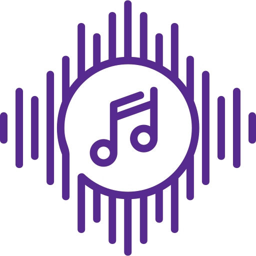 Purple music note in a circle with surrounding sound wave lines.
