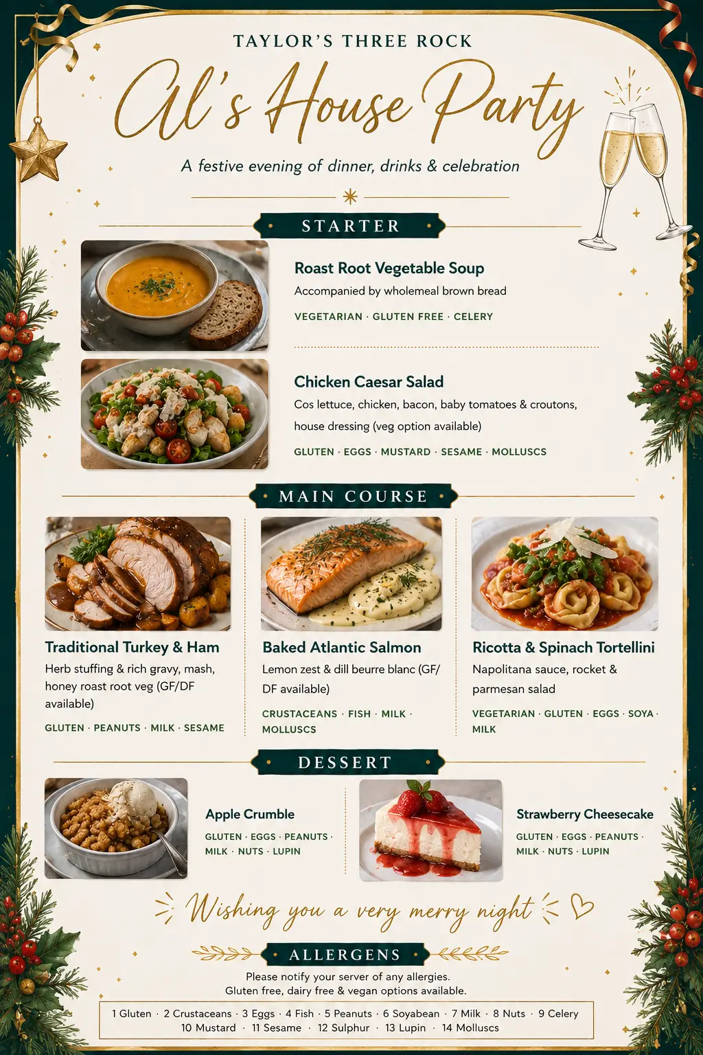 Christmas-themed dinner menu with starters, main courses, and desserts listed.