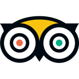 Stylized owl face with large eyes, orange and teal pupils, yellow beak.